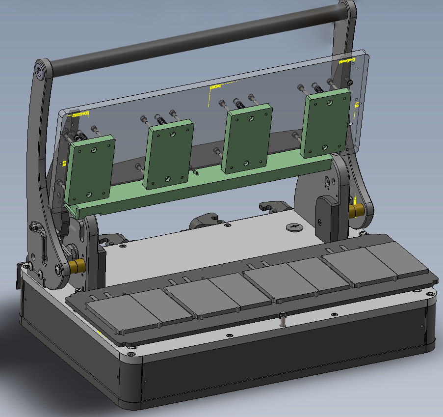 Single-sided contacting from below incl. temperature measurement as well as spring-loaded hold-down of the cell body (hold-down pressure definable)